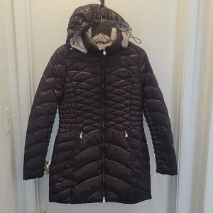 Laundry by Shelli Segal Womens Eggplant Shine Hooded Packable Down Puffer Coat L